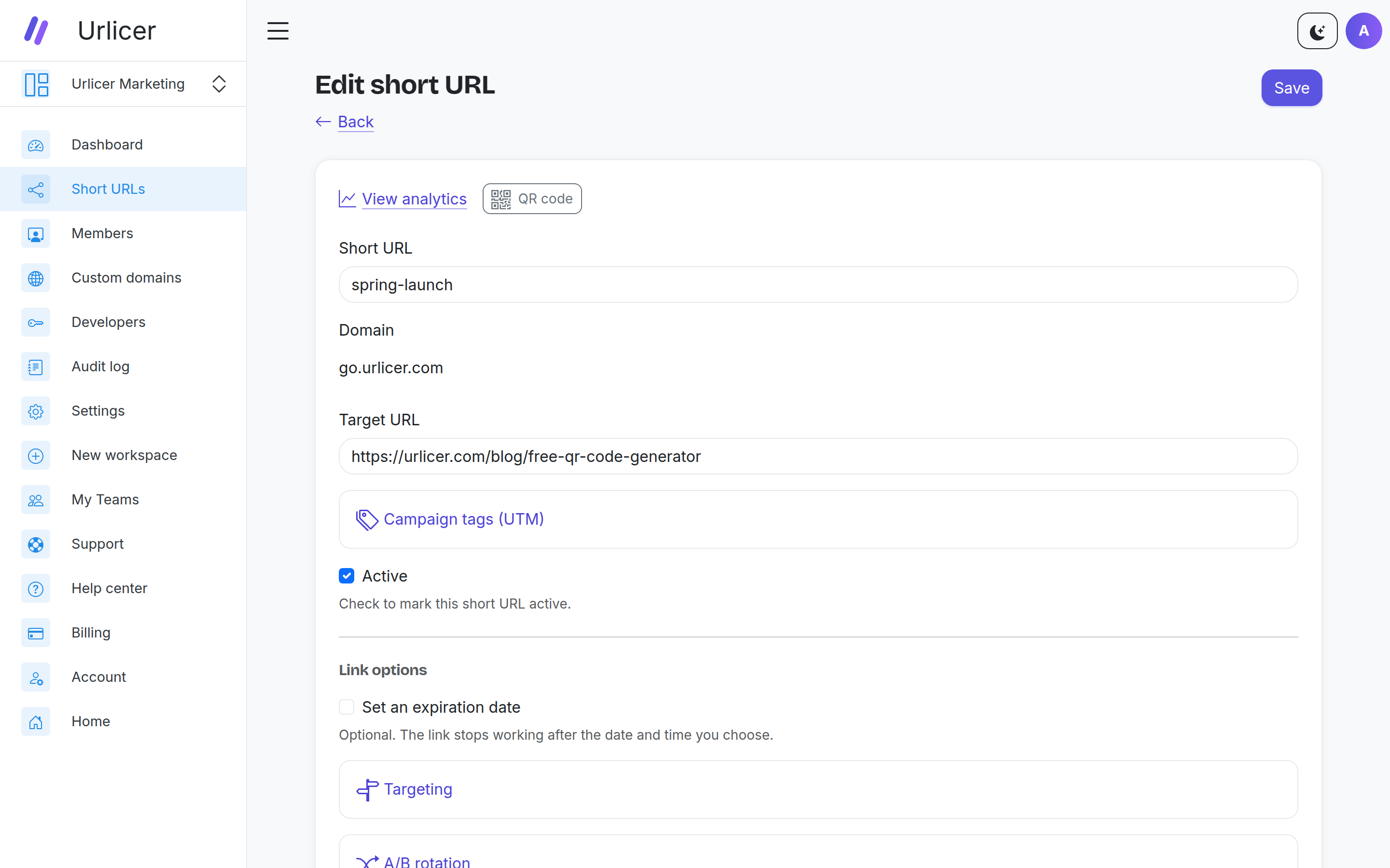 A link options form: custom alias, branded domain, UTM tags, expiry, geo targeting