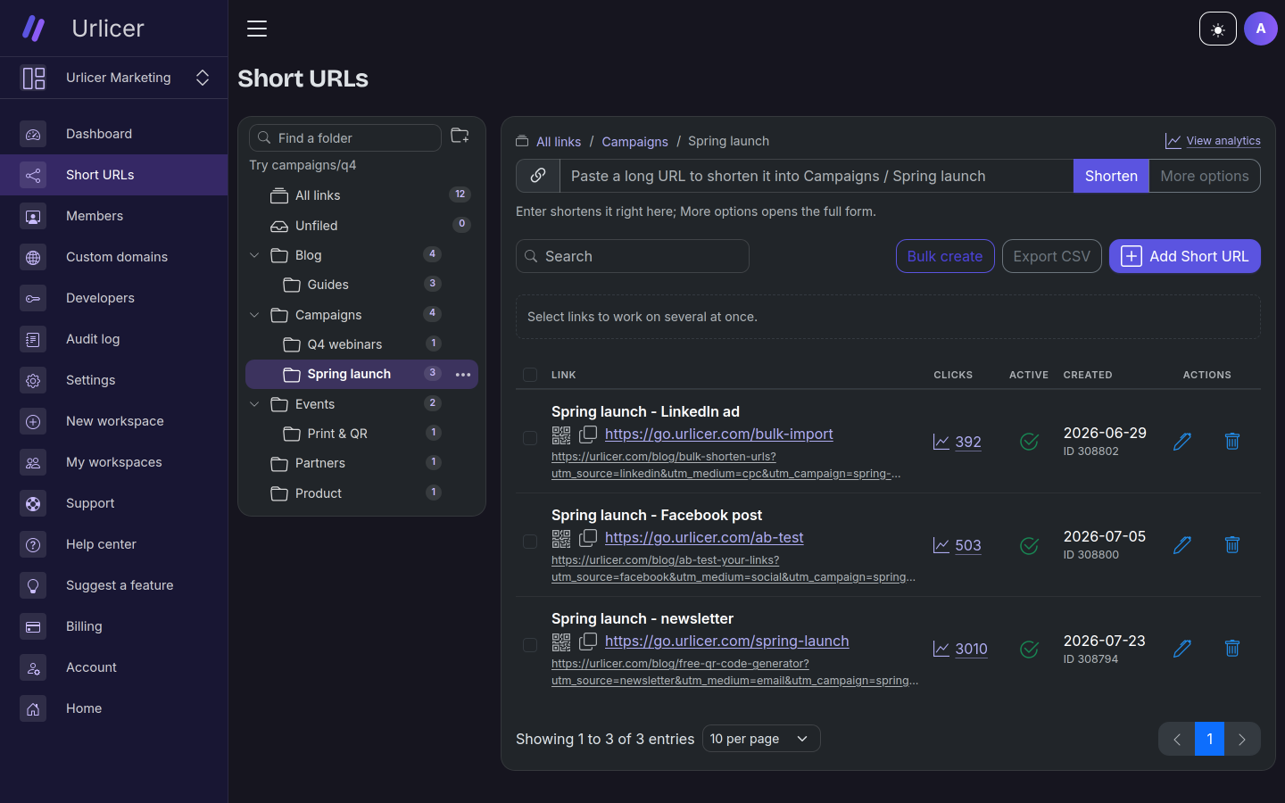 Urlicer's links page: a folder tree on the left, a breadcrumb and a table of links on the right