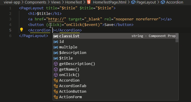VS Code suggesting the props of a Viewi Accordion component while typing its tag
