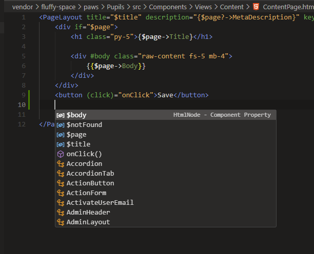 VS Code listing a component's properties, methods and the project's components after typing $ in a template